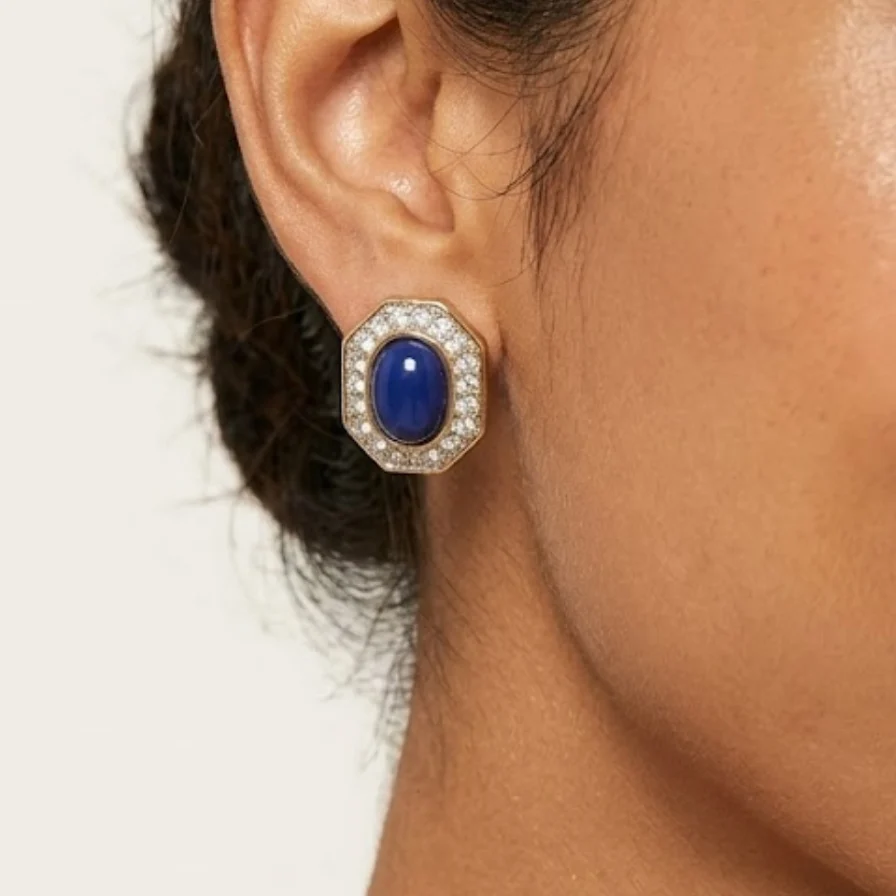 1980s Blue Cabochon and Crystal Earrings - Image 2