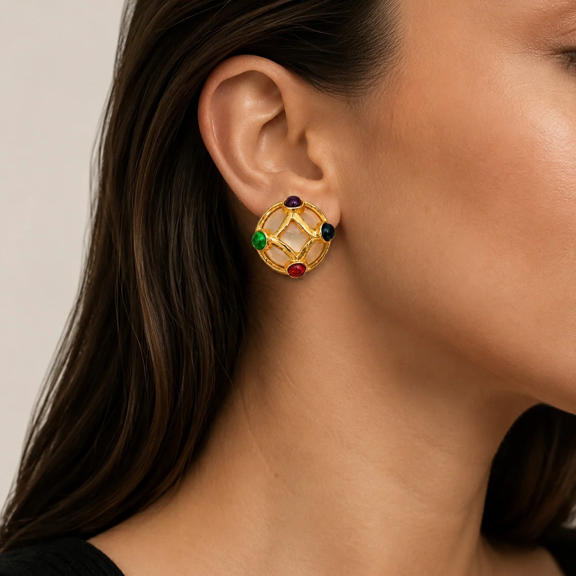 80s Pearl Earrings with Colored Glass Cabochons - Image 2