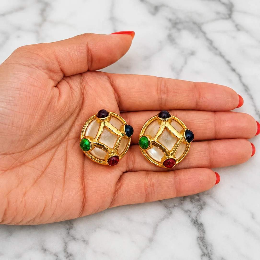 80s Pearl Earrings with Colored Glass Cabochons - Image 3