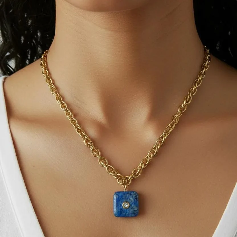 French Blue Lapis & Rock Crystal Pendant Necklace - Image 2