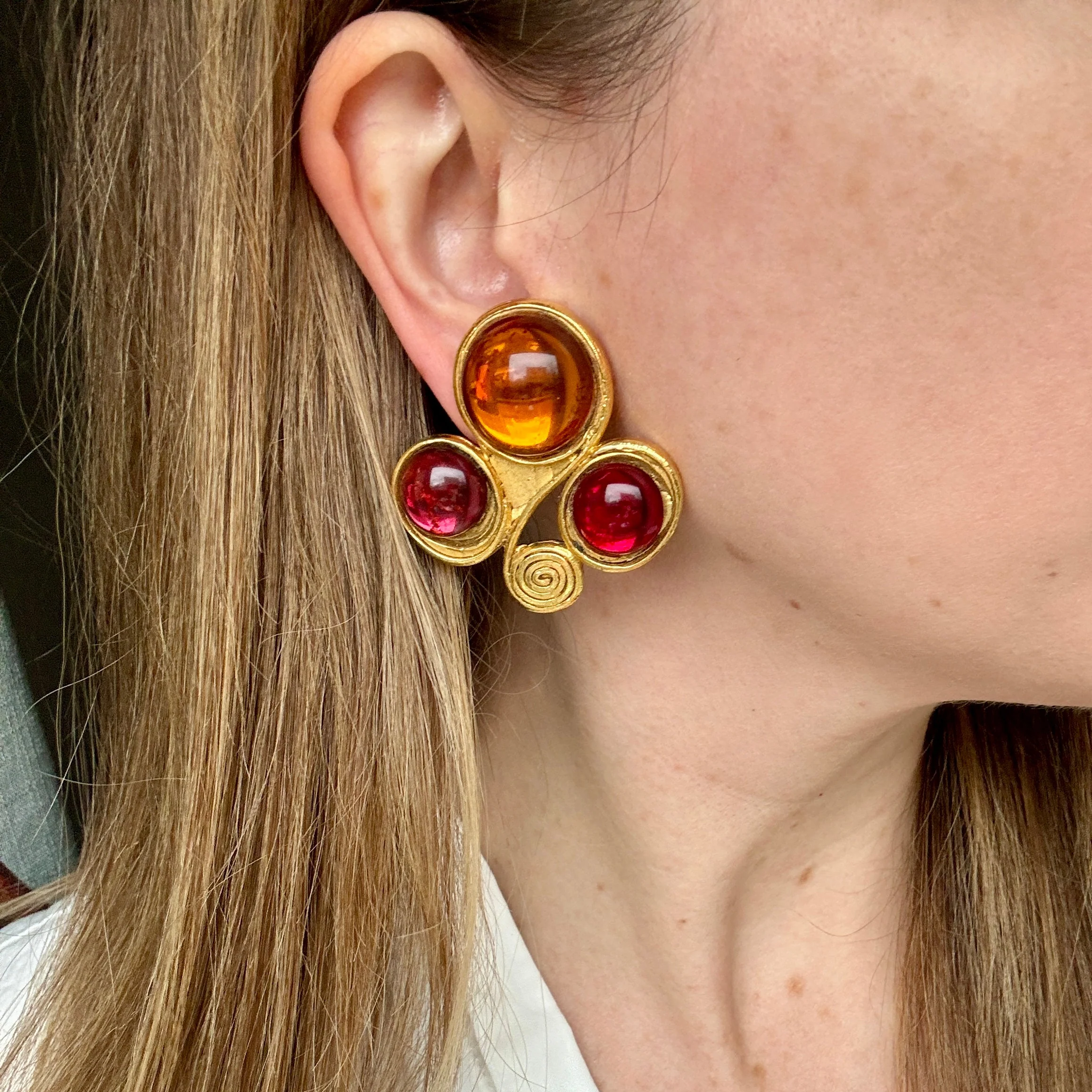 Vintage 80s French Designer Colorful Glass Clover Earrings - Image 2