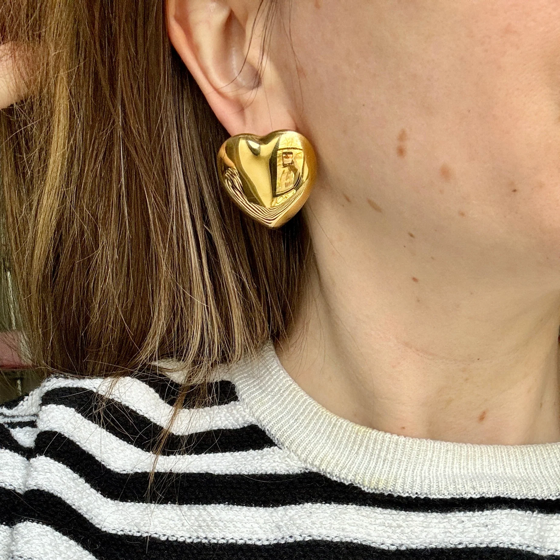Gold Puffed Heart Earrings - Image 2