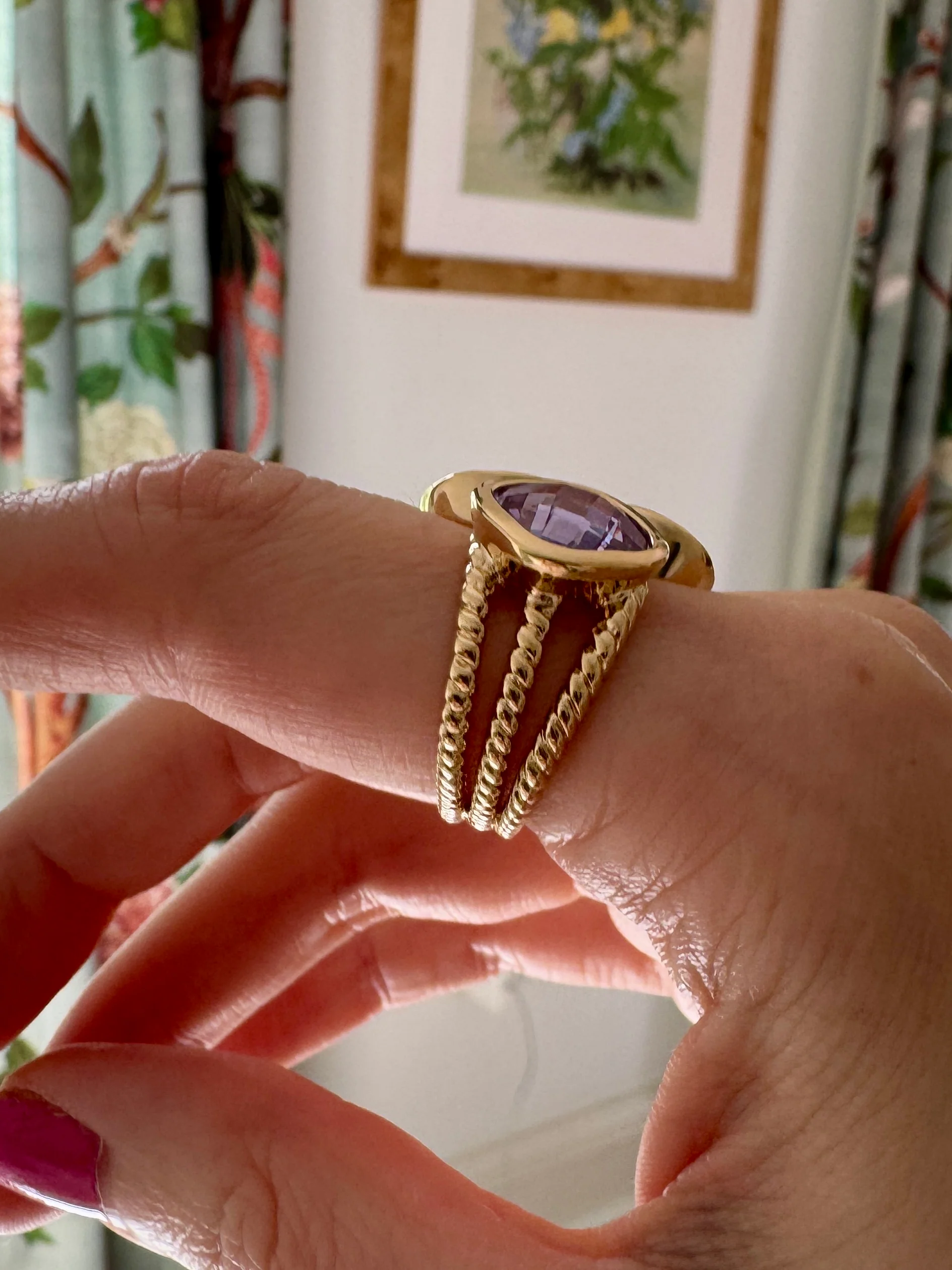 Modern French Aqua, Amber & Lavender Crystal Gold Ring Sizes 7.5, 9, 10 - Image 3