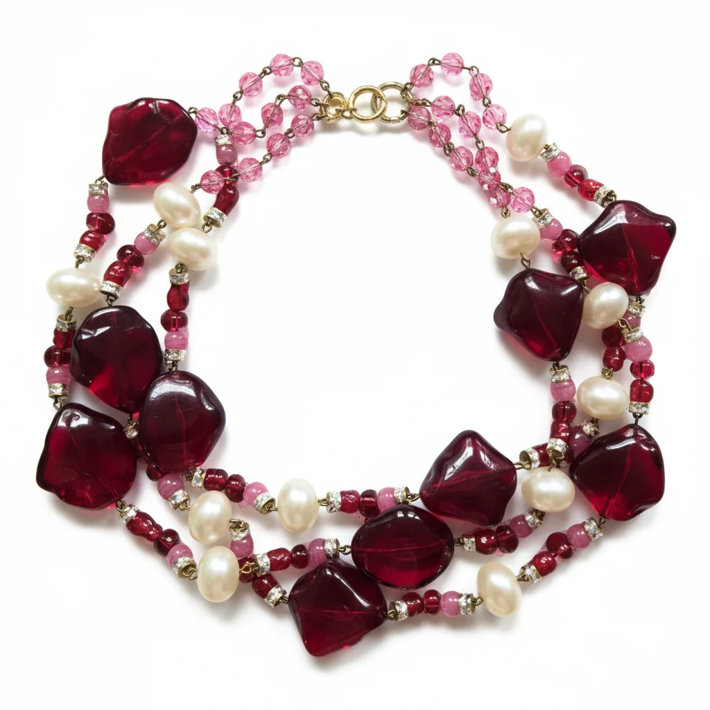Vintage French Pink Red and Faux Pearl Torsade Necklace