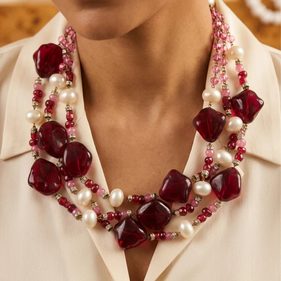 Vintage French Pink Red and Faux Pearl Torsade Necklace - Image 2