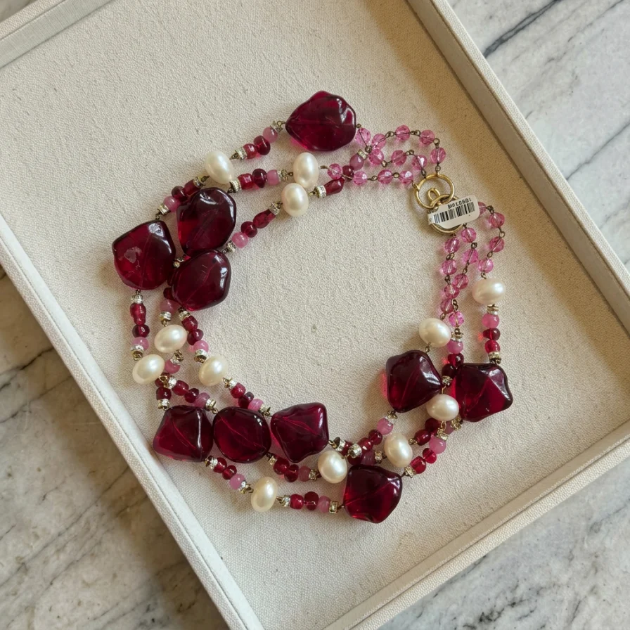 Vintage French Pink Red and Faux Pearl Torsade Necklace - Image 3