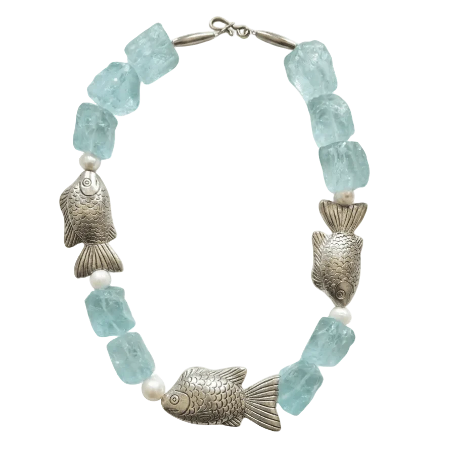 80s Vintage Aquamarine and Silver Fish Charm Necklace