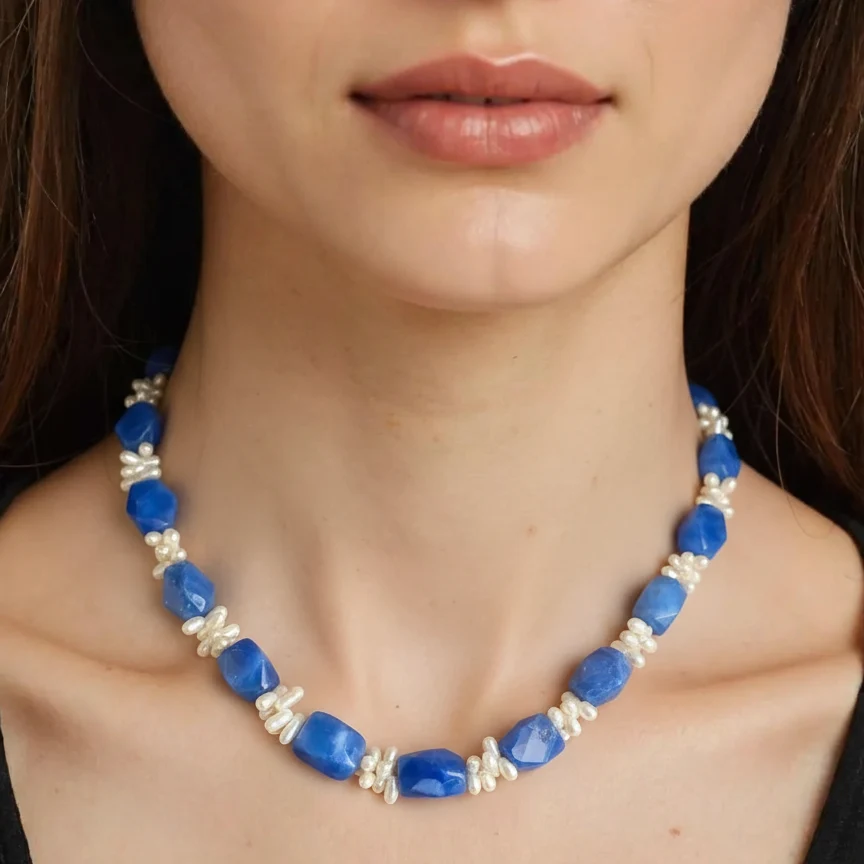 Vintage Blue Stone and Pearl Beaded Necklace - Image 2