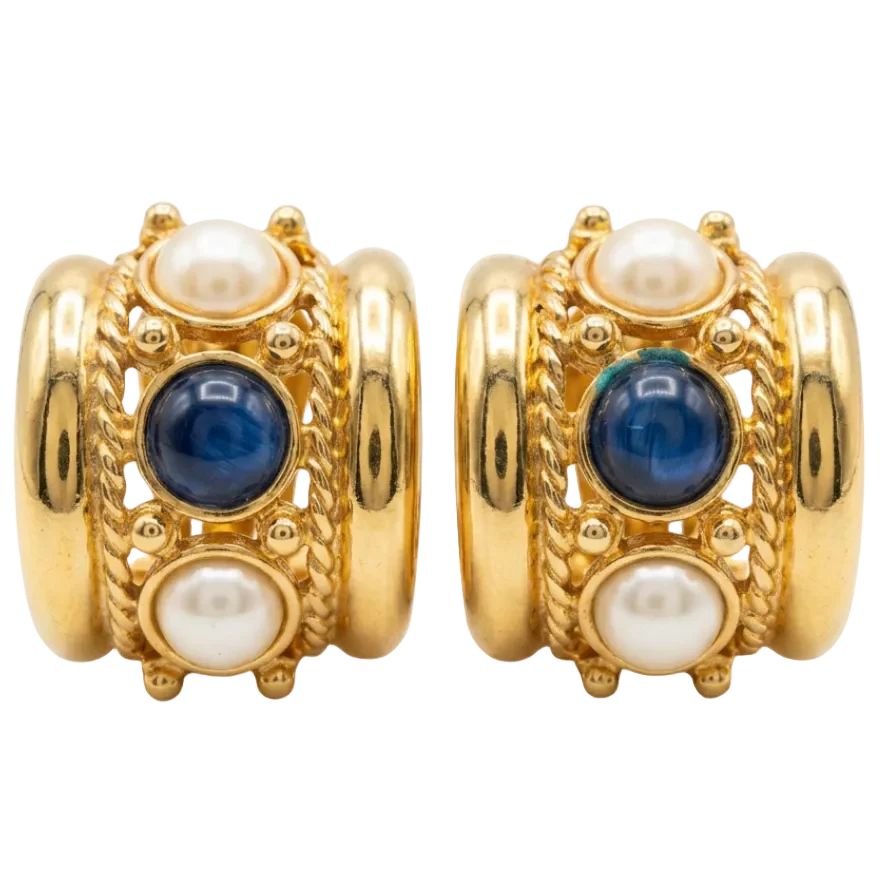 Joan Rivers Earrings with Blue Cabochons & Faux Pearls