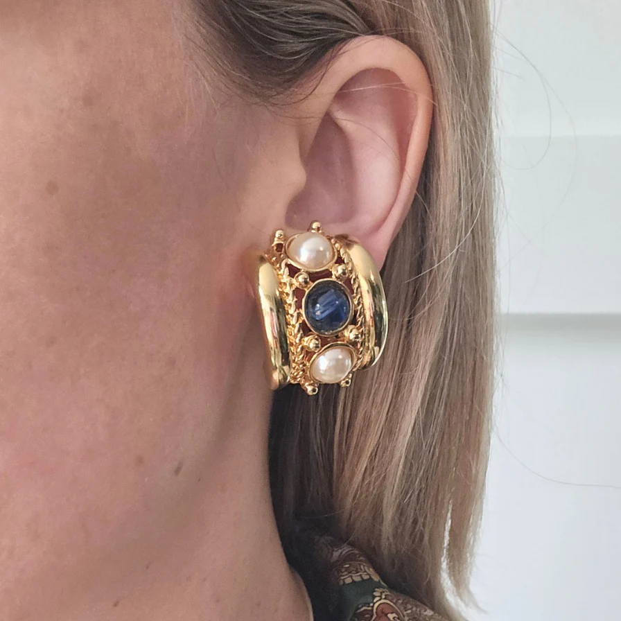 Joan Rivers Earrings with Blue Cabochons & Faux Pearls - Image 2