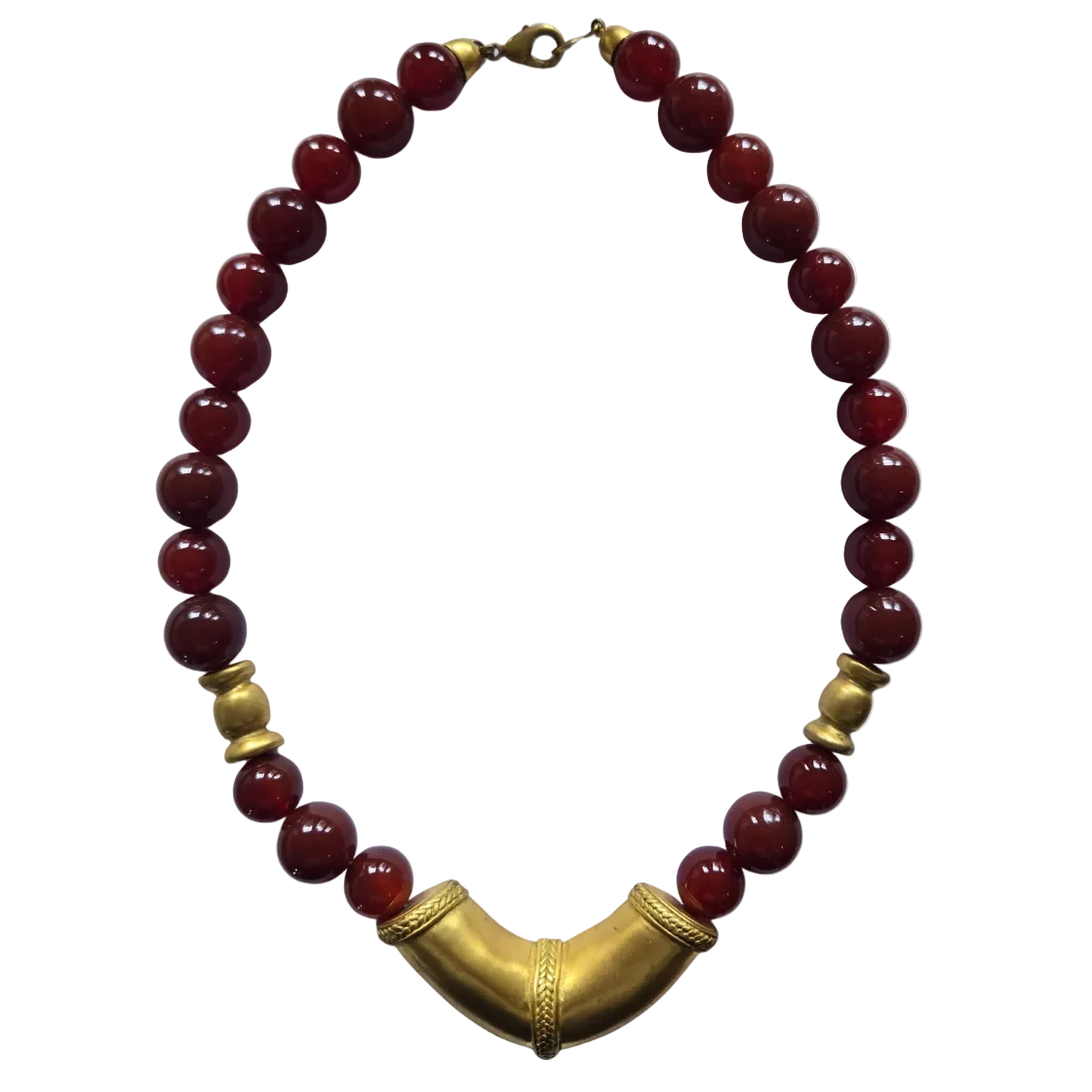 Vintage Etruscan Carnelian Bead Necklace With Gold Pendant