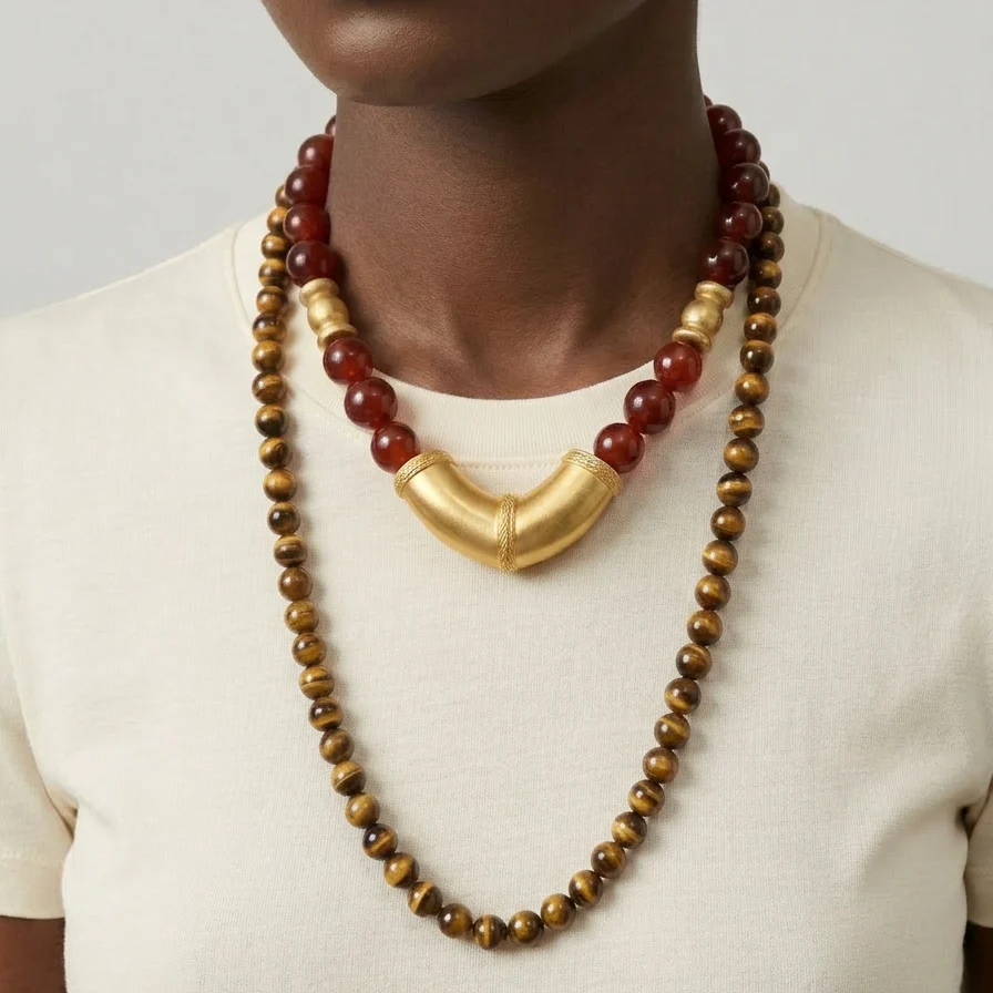 Vintage Etruscan Carnelian Bead Necklace With Gold Pendant - Image 3