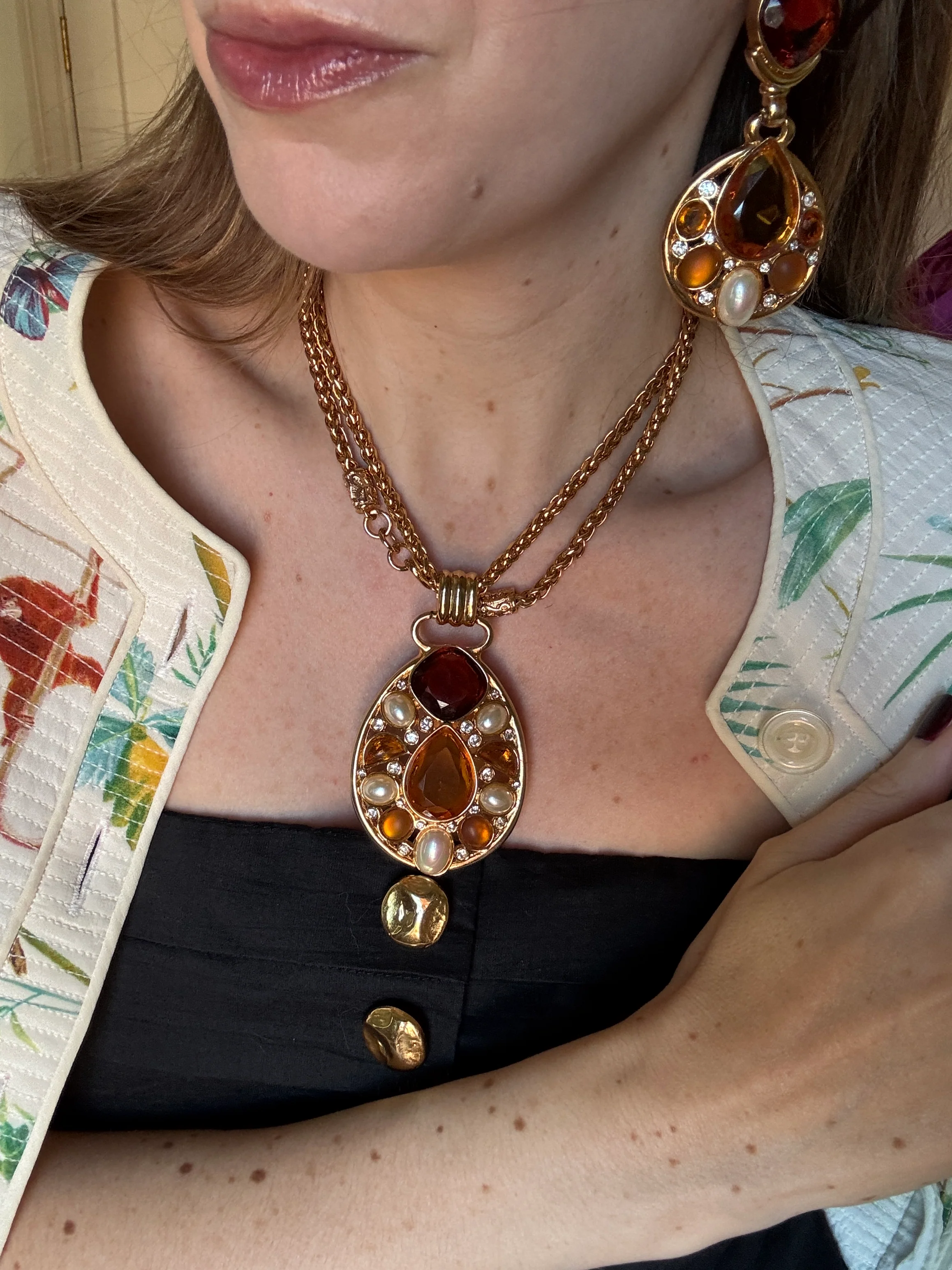 Vintage Designer Citrine, Topaz Crystal Pearl Pendant Necklace - Image 3
