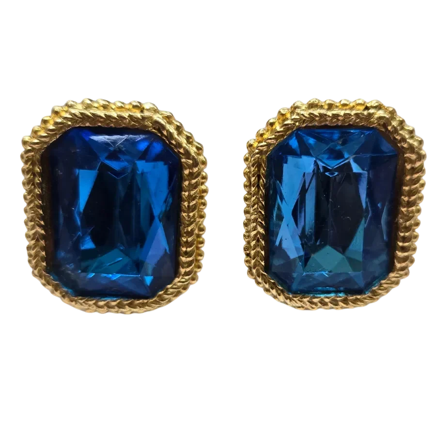 Vintage Emerald-Cut Blue Crystal Earrings
