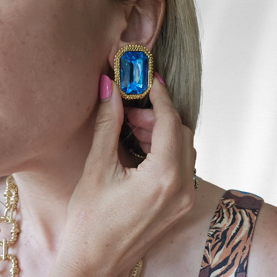 Vintage Emerald-Cut Blue Crystal Earrings - Image 2