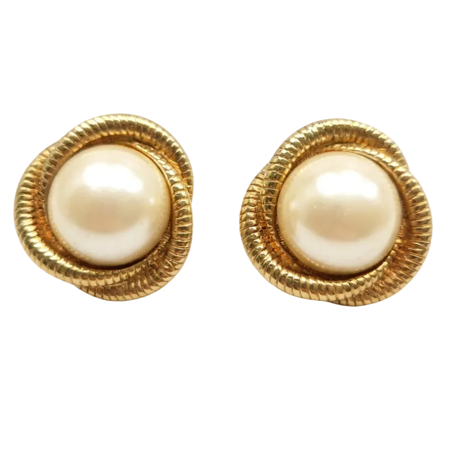 1980s Faux Pearl & Gold Rope Earrings