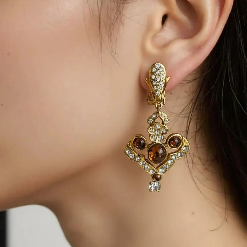 Vintage 80s French Brown Glass Crystal Flower Gilt Earrings - Image 2