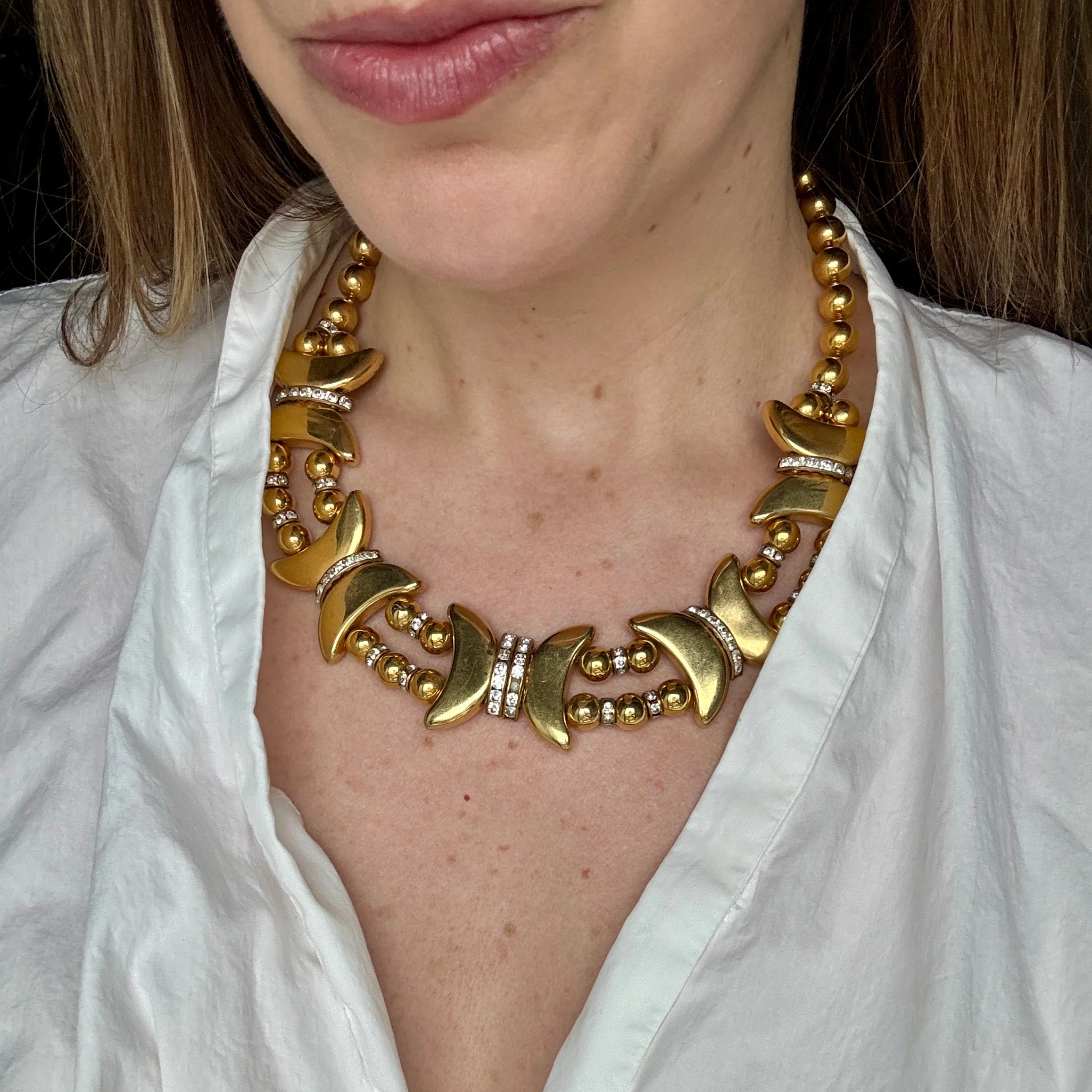 Vintage 70s French Gold Bead Butterfly Necklace - Image 2