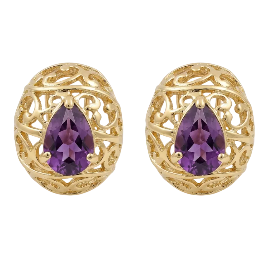 Vintage Gold Filigree Earrings with Amethyst Crystal