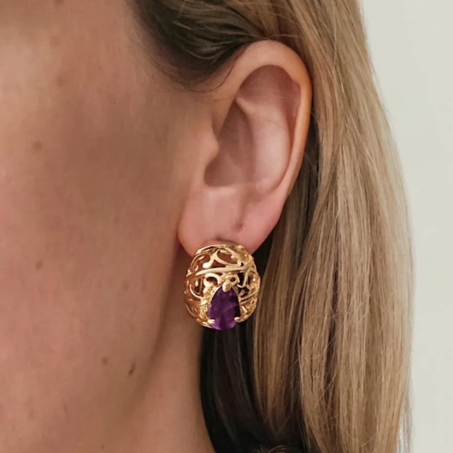 Vintage Gold Filigree Earrings with Amethyst Crystal - Image 2