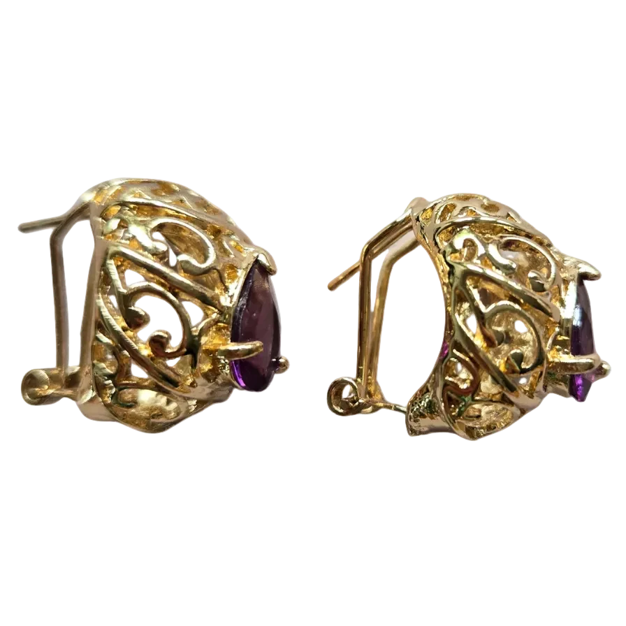 Vintage Gold Filigree Earrings with Amethyst Crystal - Image 3