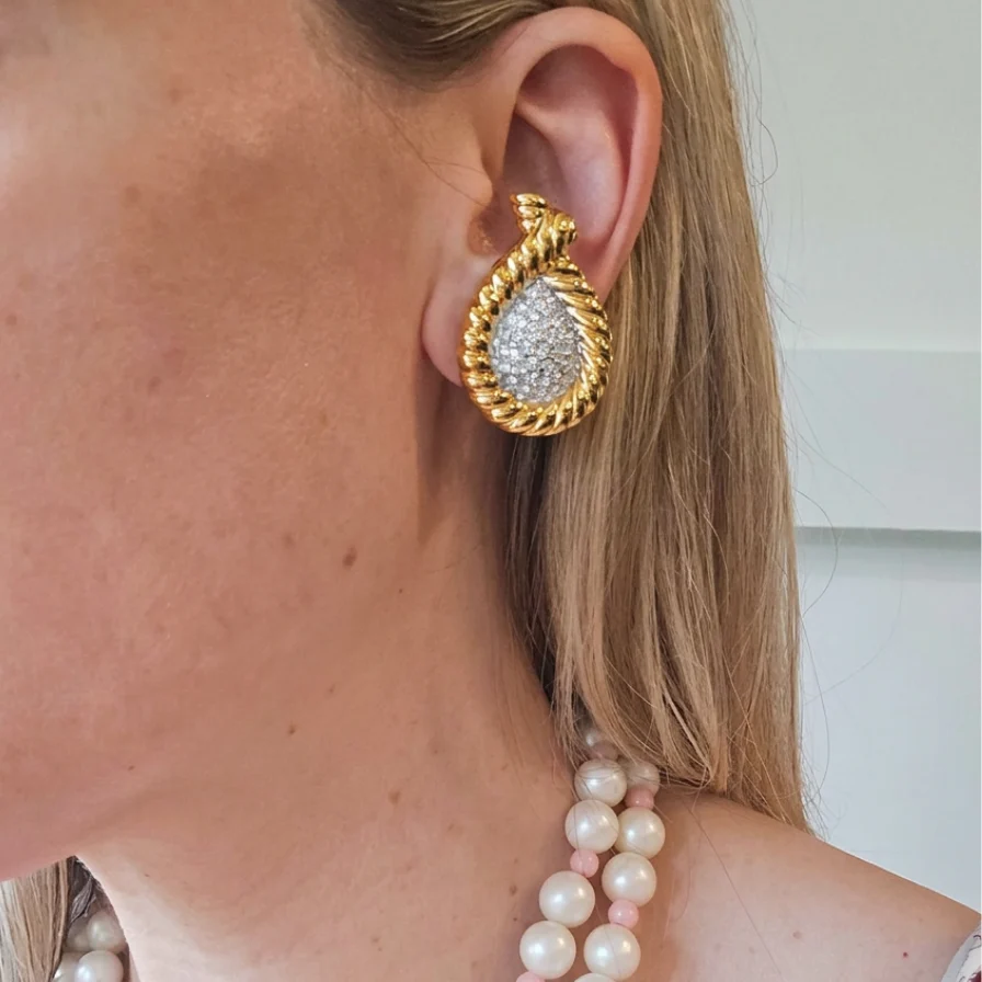 Vintage Gold & Crystal Teardrop Earrings - Image 2