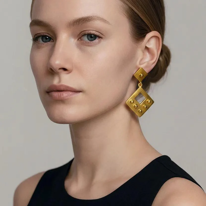 Vintage 80s Brushed Gold Studded Earrings - Image 2