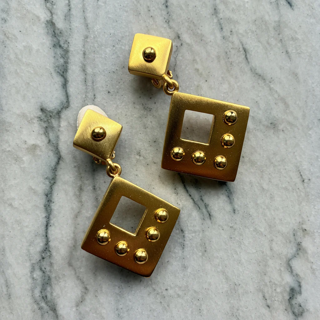 Vintage 80s Brushed Gold Studded Earrings - Image 3