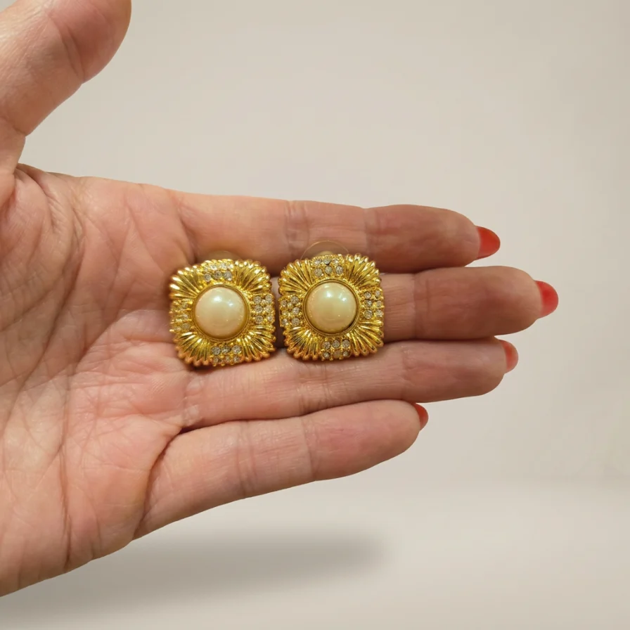 Vintage Gold Faux Pearl & Crystal Earrings - Image 2