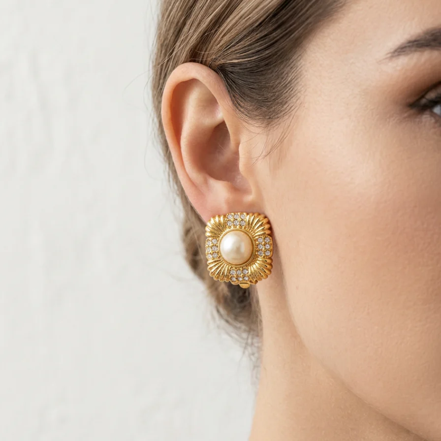 Vintage Gold Faux Pearl & Crystal Earrings - Image 3