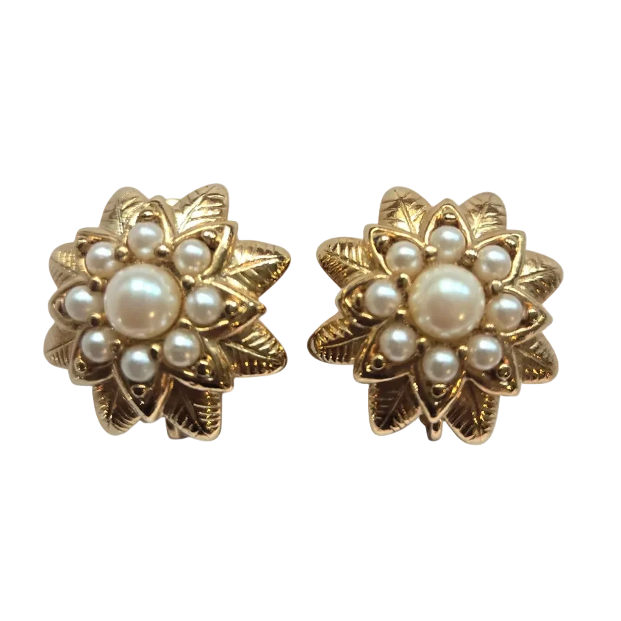 Vintage Gold Faux Pearl Flower Earrings