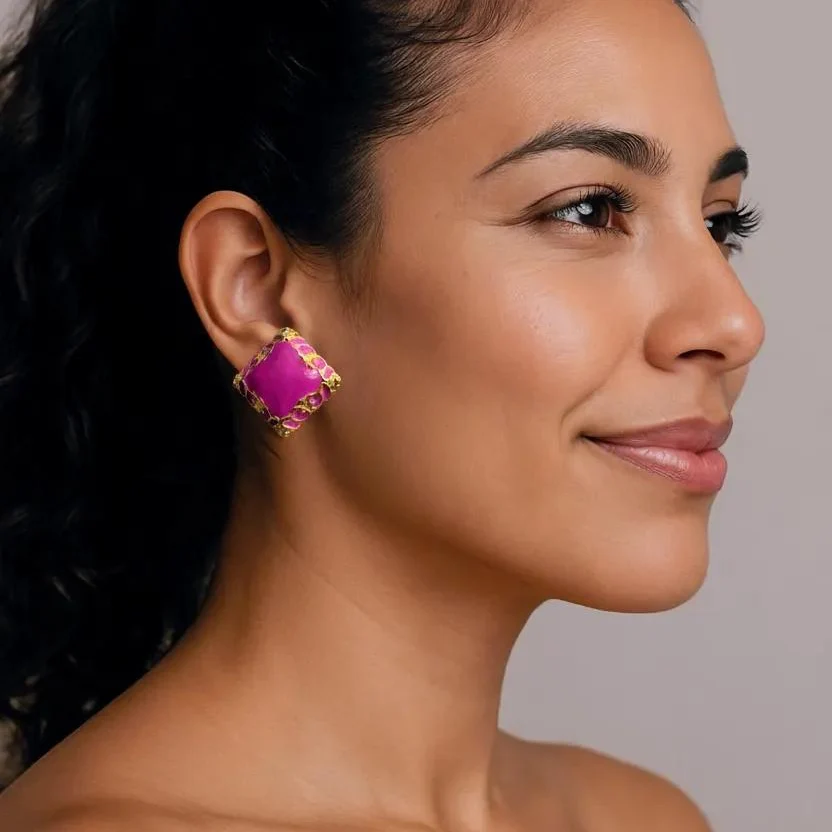 Vintage French Purple Enamel and Gold Earrings - Image 2