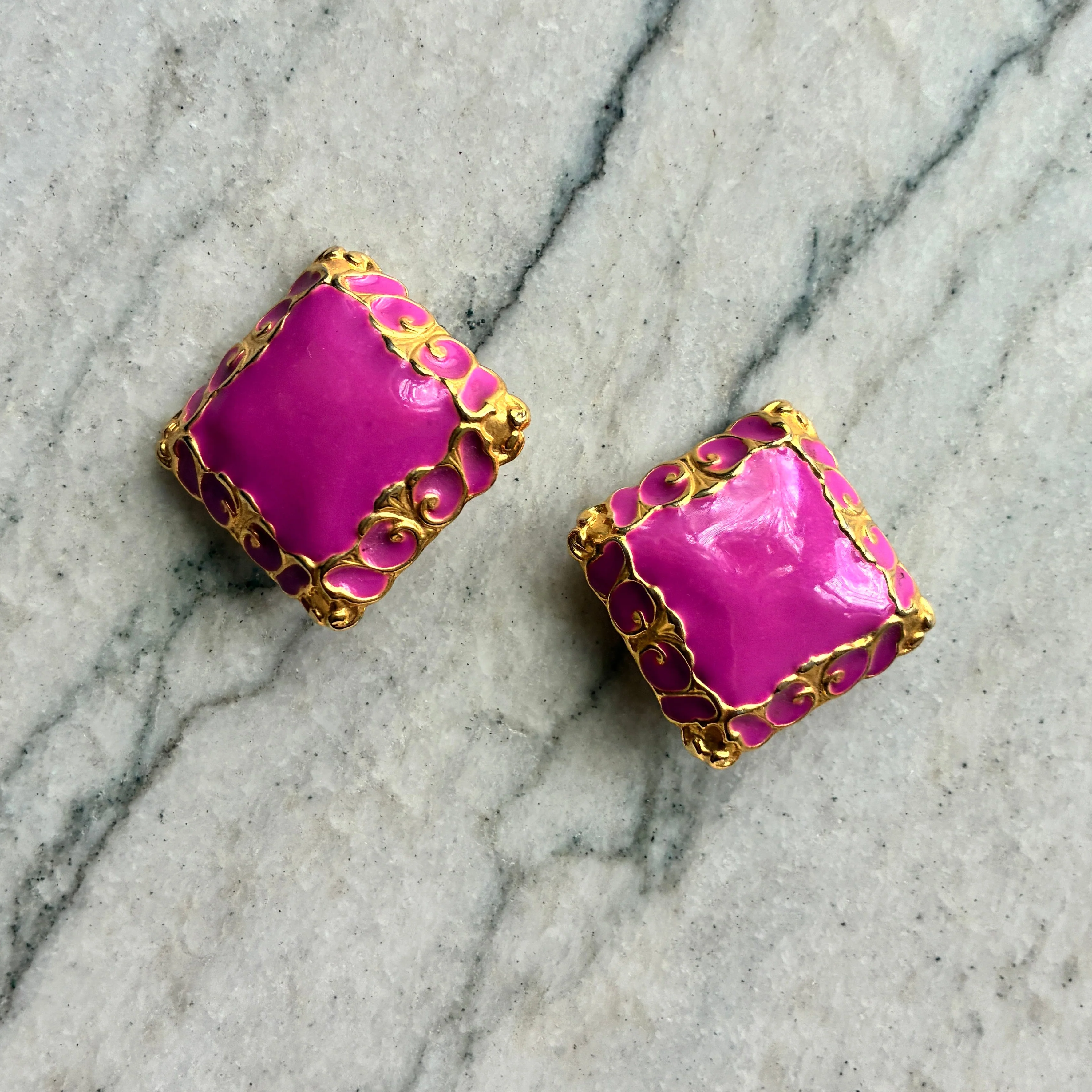 Vintage French Purple Enamel and Gold Earrings - Image 3