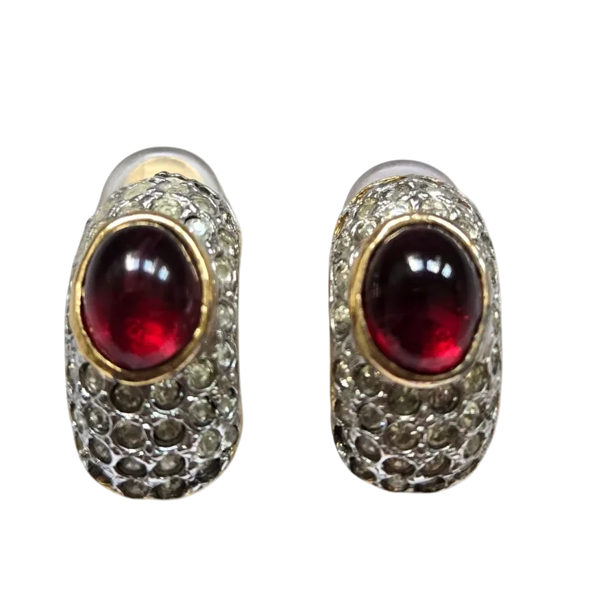French Ruby-Red Glass Cabochon and Crystal Earrings