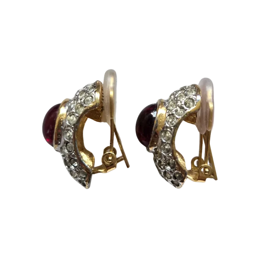 French Ruby-Red Glass Cabochon and Crystal Earrings - Image 5