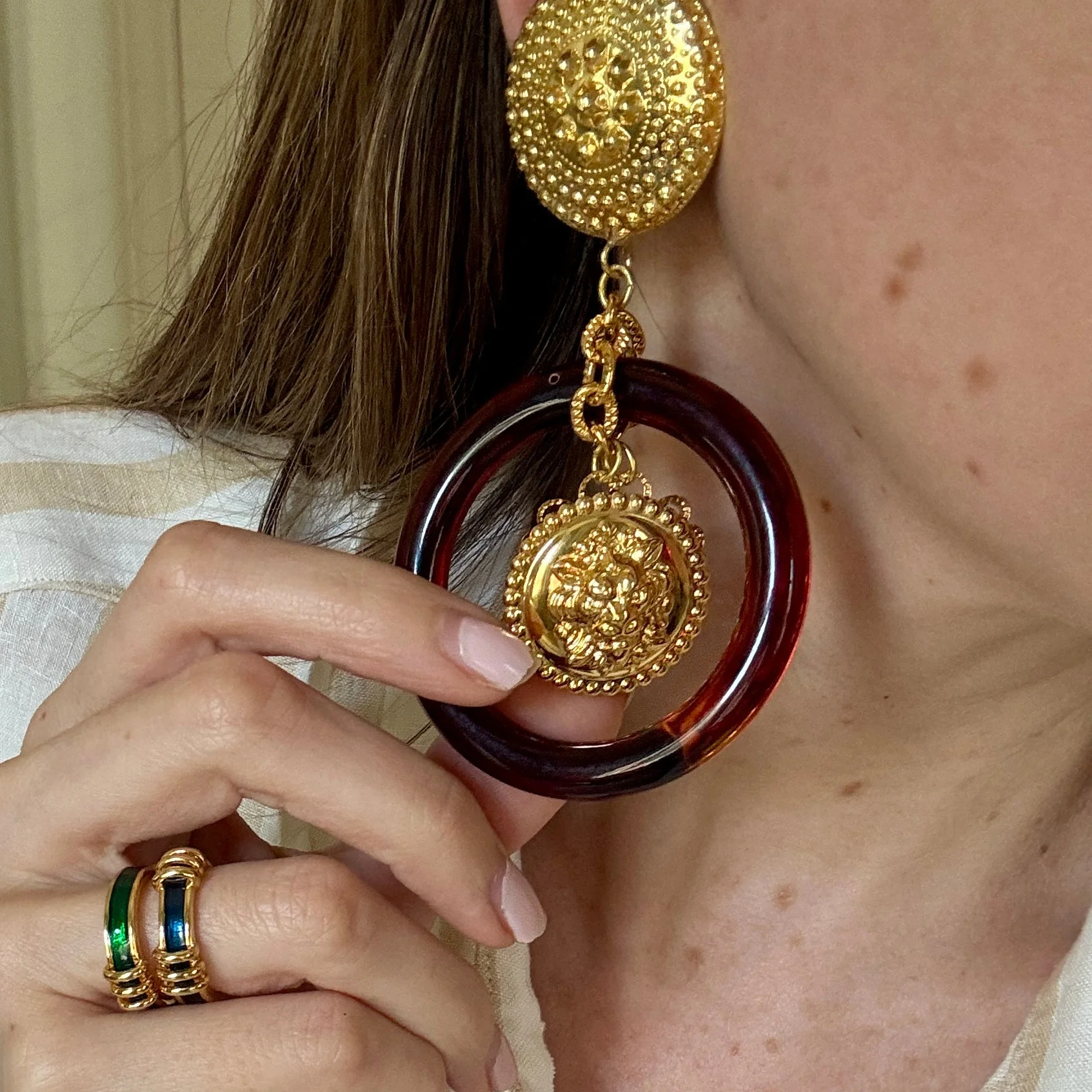 Vintage Italian Tortoise Hoops with Lion Charms - Image 2