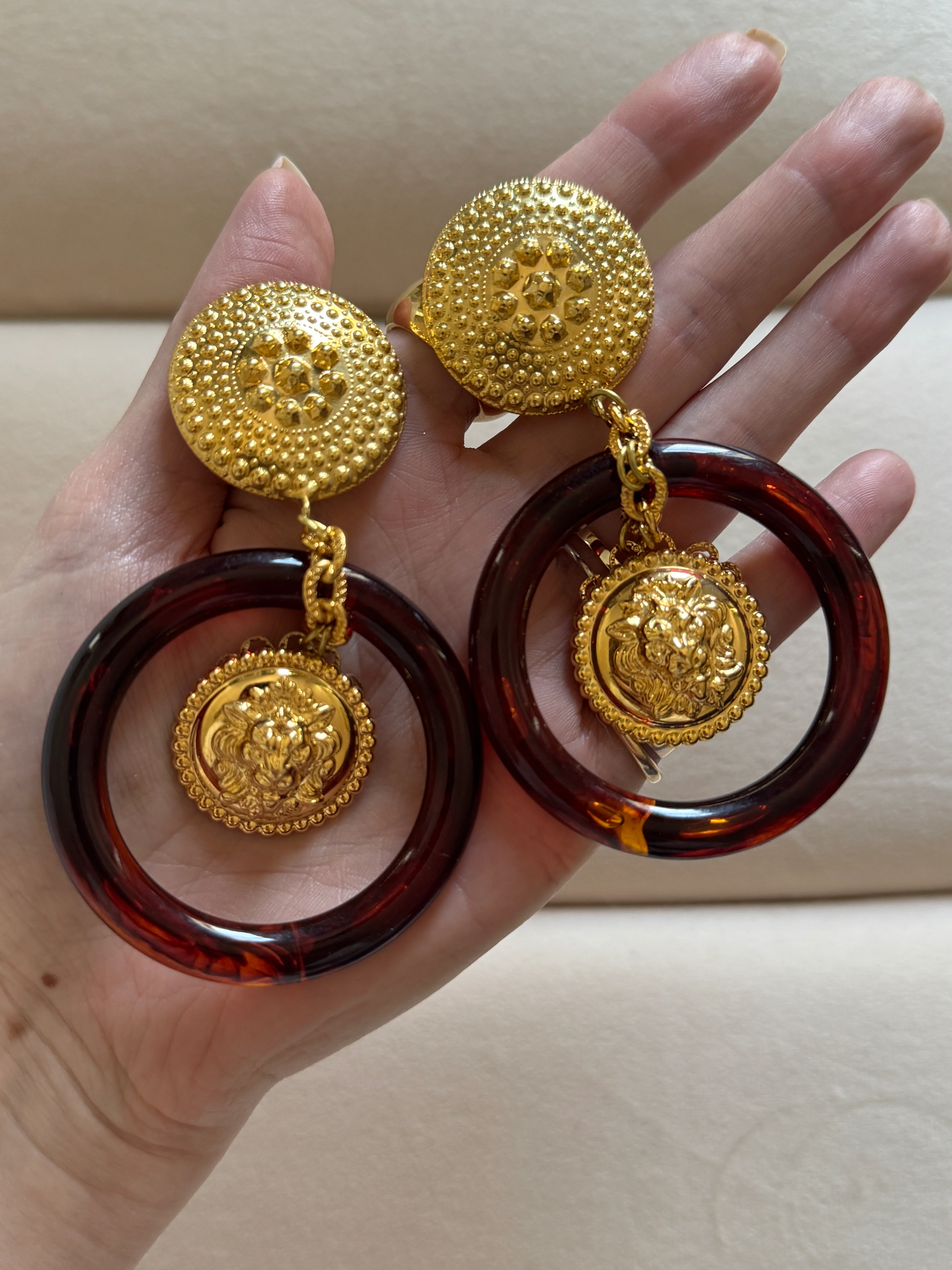 Vintage Italian Tortoise Hoops with Lion Charms - Image 3