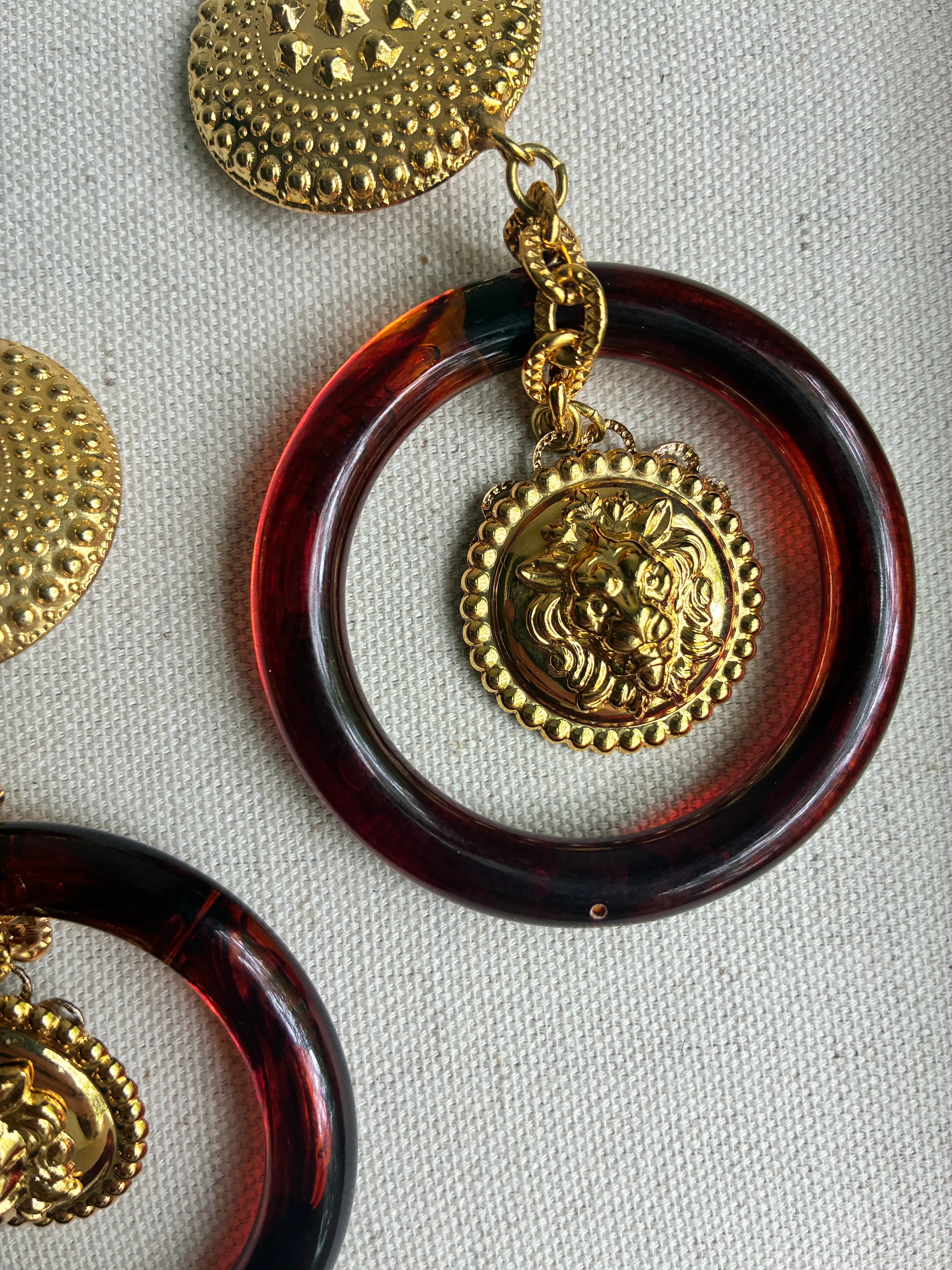 Vintage Italian Tortoise Hoops with Lion Charms - Image 4