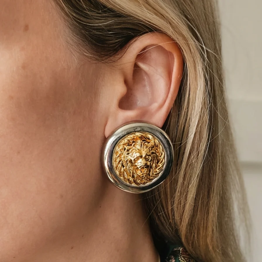 Vintage Two-Tone Lion Head Earrings - Image 2